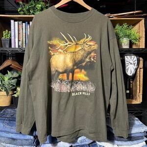 Vintage 90s Single Stitch Black Hills Moose Long Sleeve Shirt Green Elk Tee